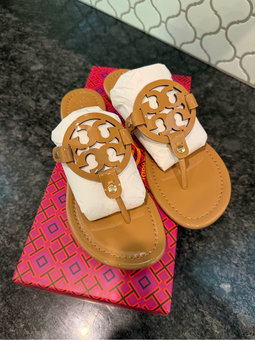 Tory Burch Miller Sand Patent Leather Logo Thong Sandals